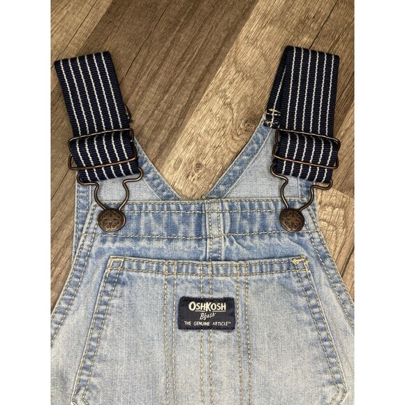 OshKosh 5T Denim Short Overalls Vestbak Carpenter Conductor Stripe Straps Unisex - Picture 3 of 9